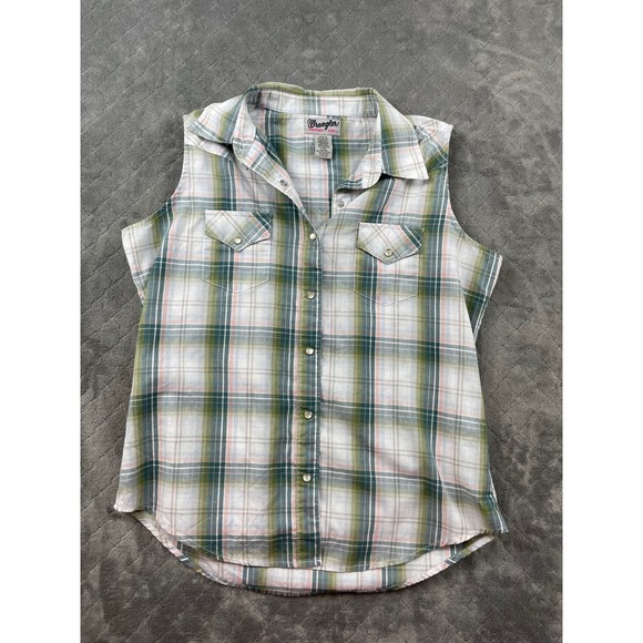 Wrangler Tops - Wrangler Western Plaid Sleeveless‎ Snap Button Shirt M Medium